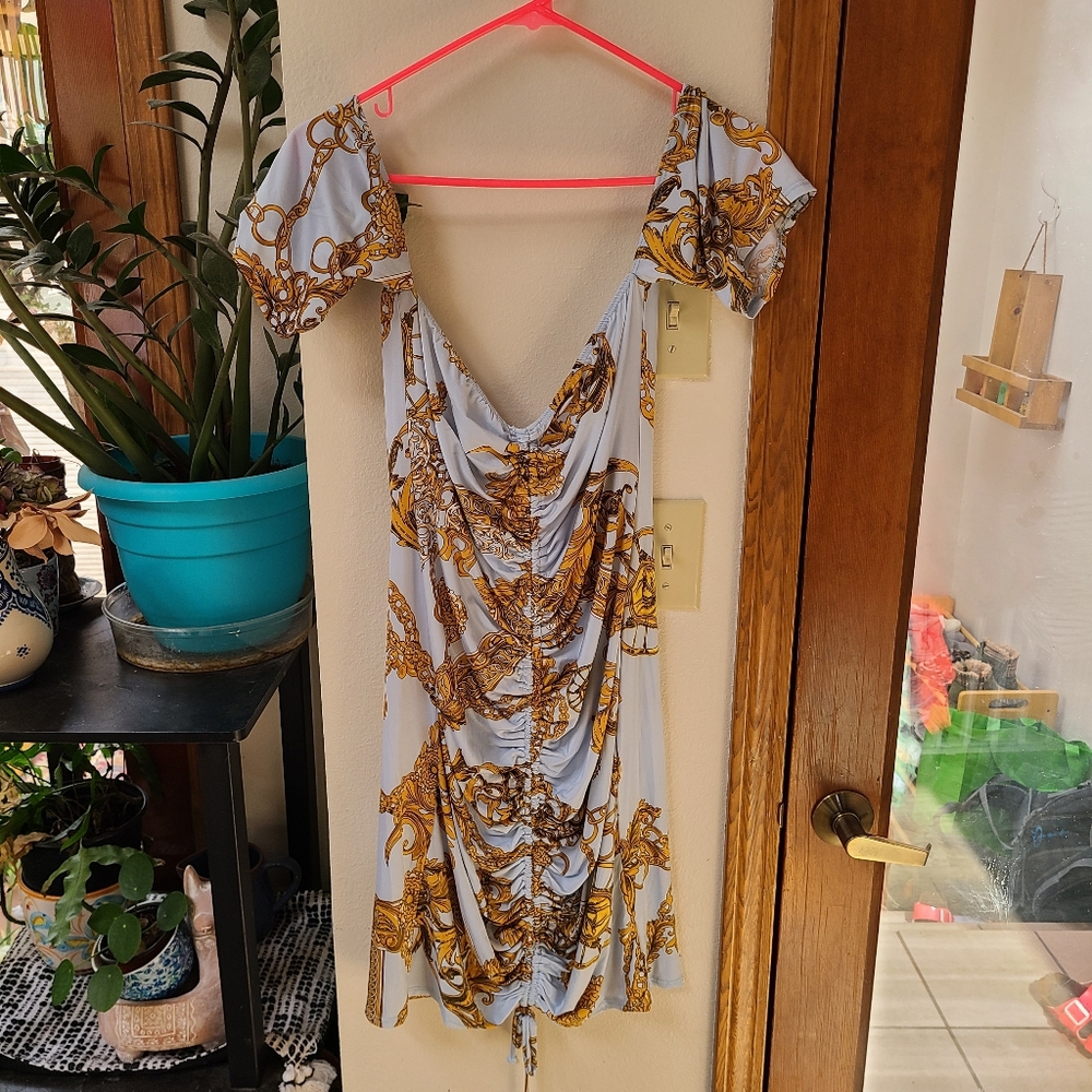 Voila Summer Club Dress Baby Blue with Yellow Golden Chain Print
